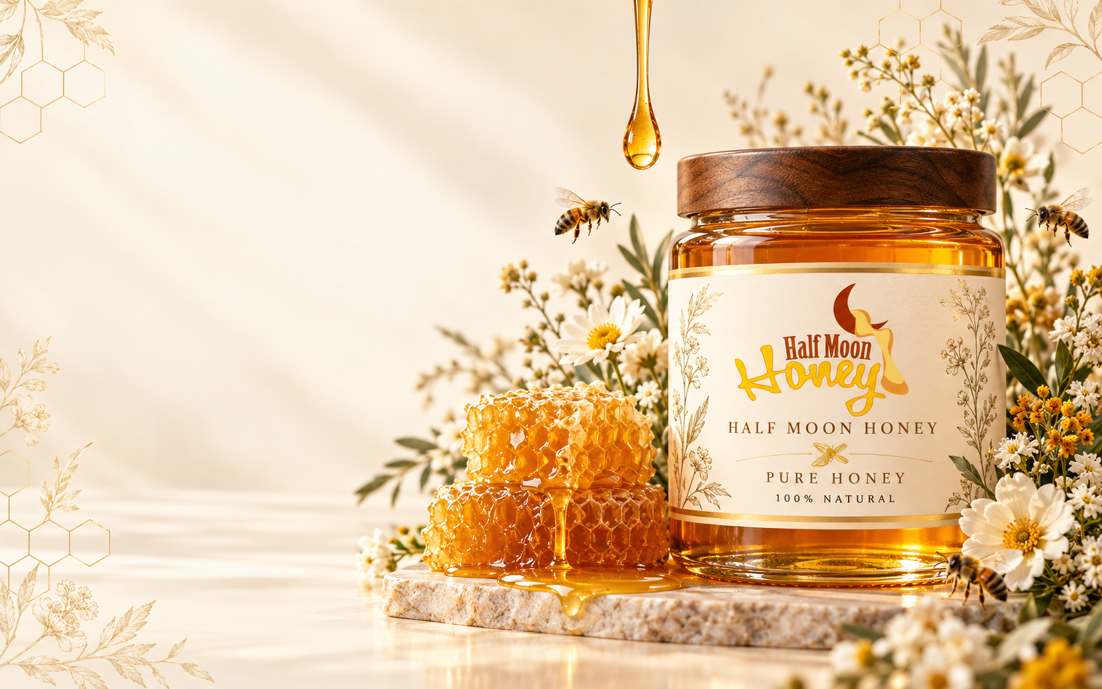 Half Moon Honey jar, honeycomb, and wildflowers